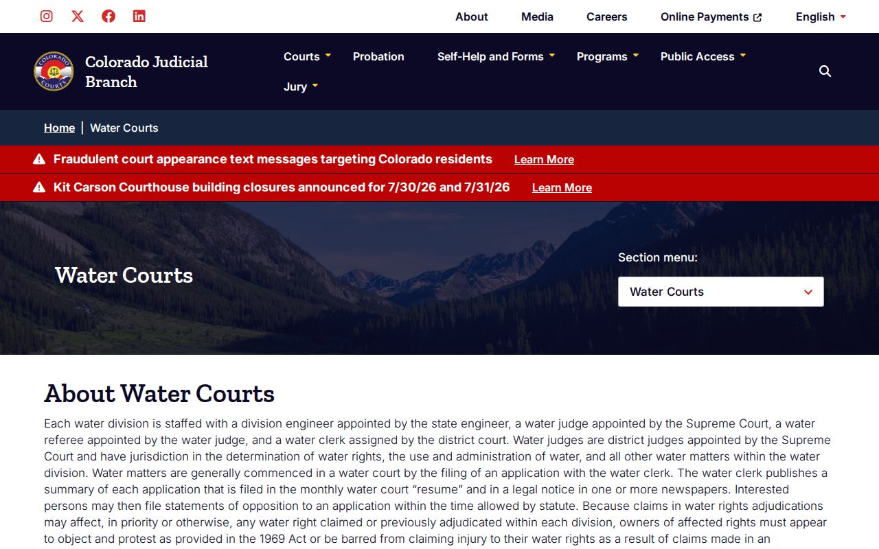 Otero County District Court water court structure for Colorado records