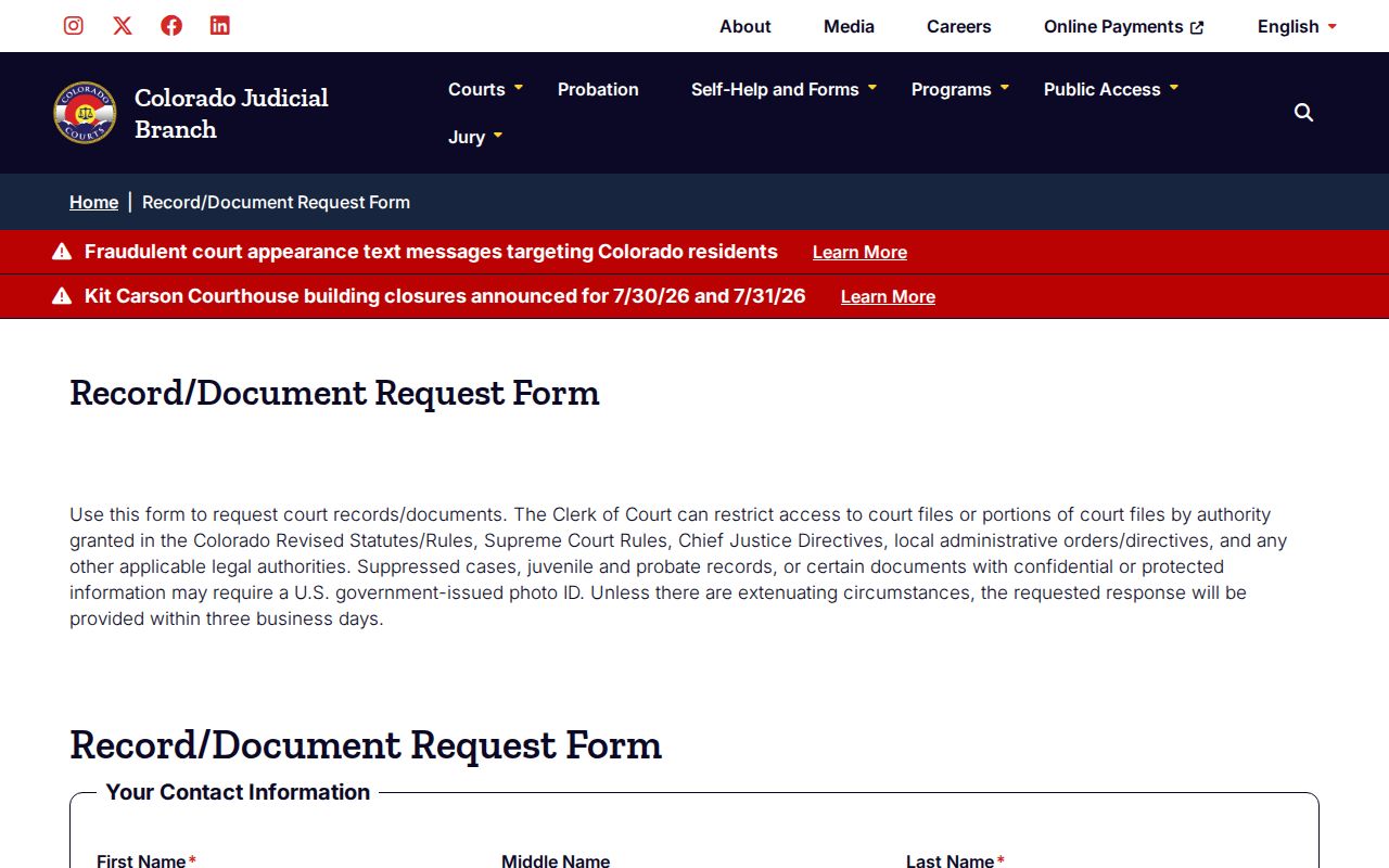 Otero County court records document request form