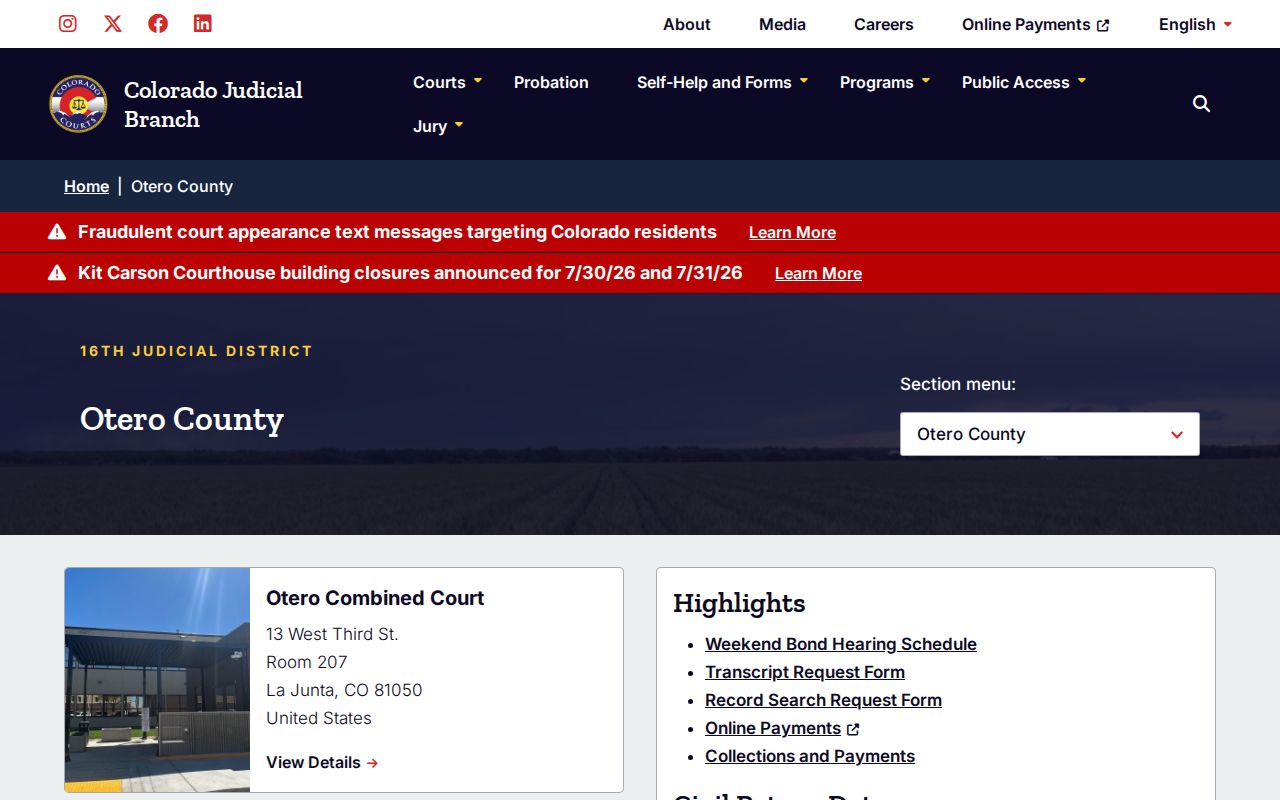 Otero County court records Judicial Branch page