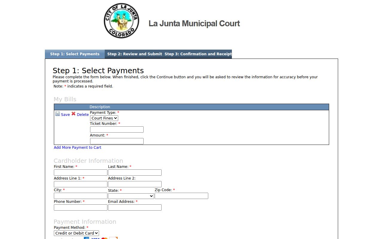 Otero County traffic court records for La Junta Municipal Court ticket payment fields