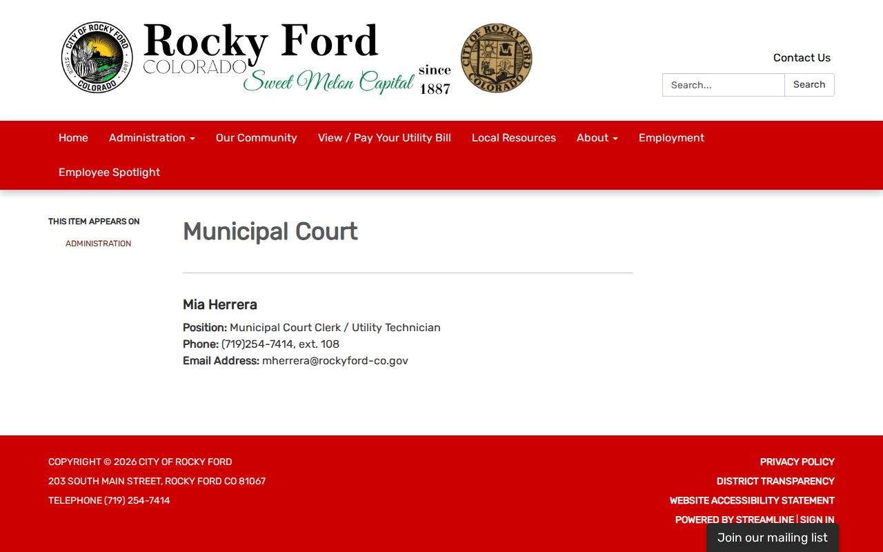 Otero County traffic court records through Rocky Ford Municipal Court clerk contact