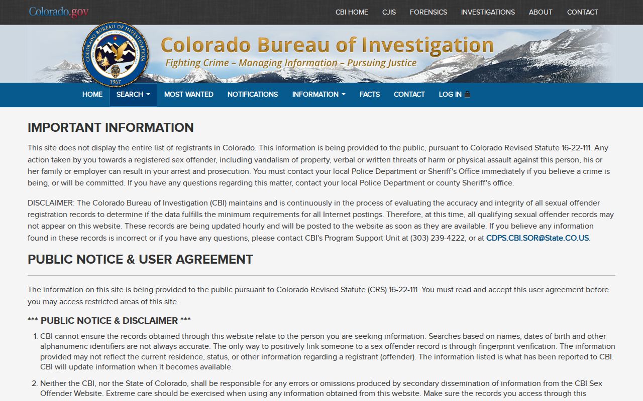 Otero County warrant records compared with CBI sex offender registry disclaimer